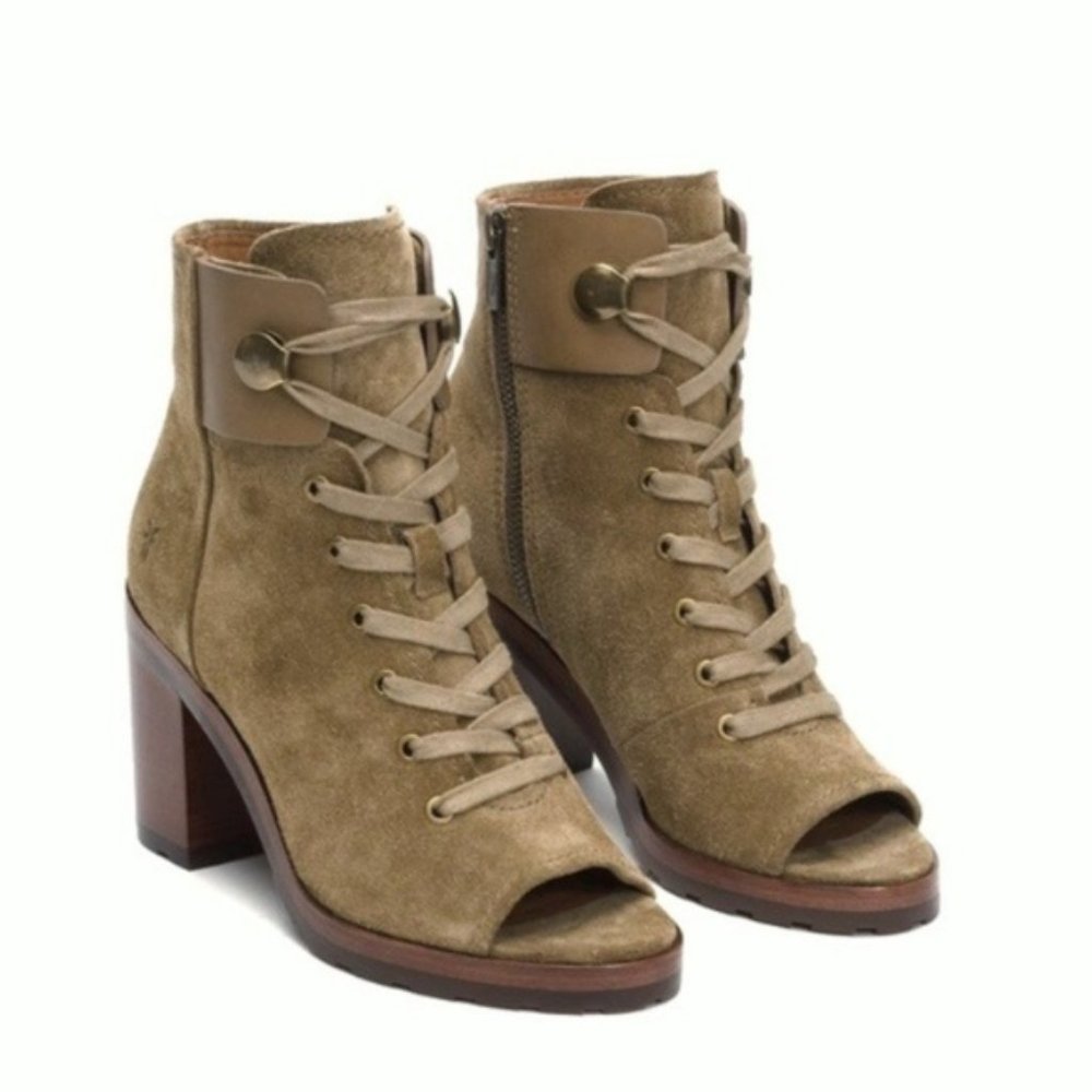 FRYE Booties Lace Up Combat Ankle Boots Heels Danica Peep Toe Olive Green New 6 - Picture 1 of 8